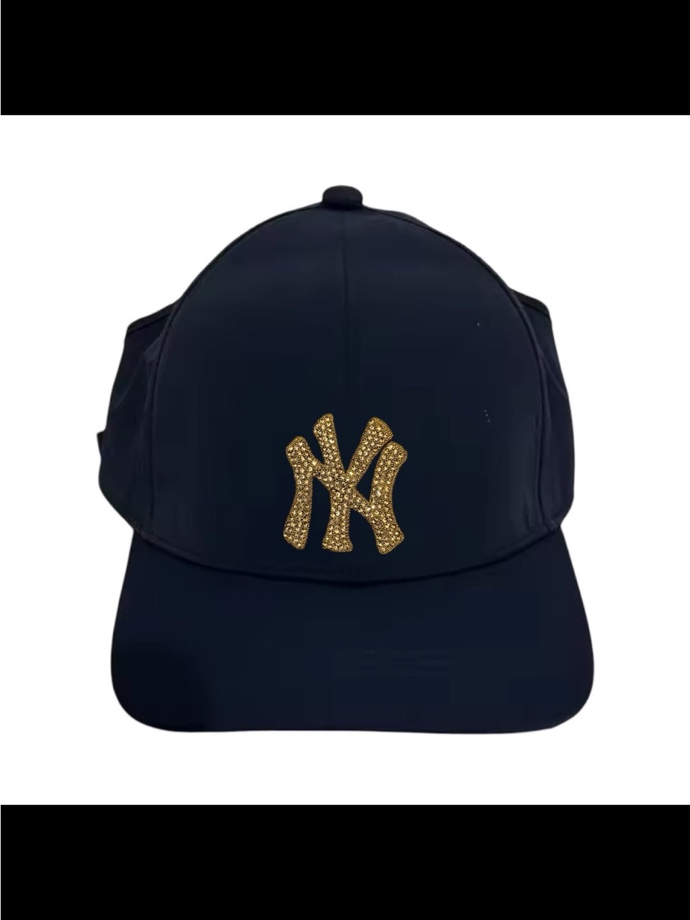 NEW navy blue Nylon"NY"Rhinestone Logo ponytail/Open Back cap Red satin lining